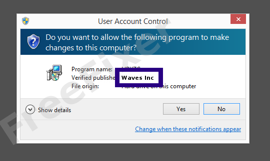 Screenshot where Waves Inc appears as the verified publisher in the UAC dialog